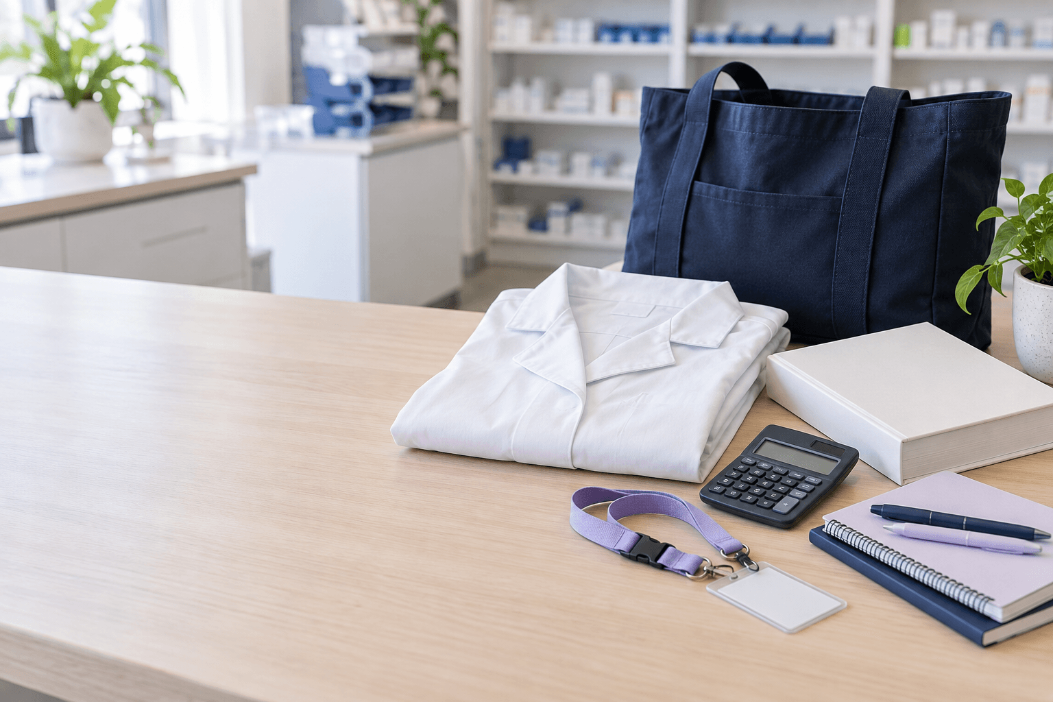 White pharmacy coat, reference book, calculator, work bag and stationery arranged on a pharmacy workroom table