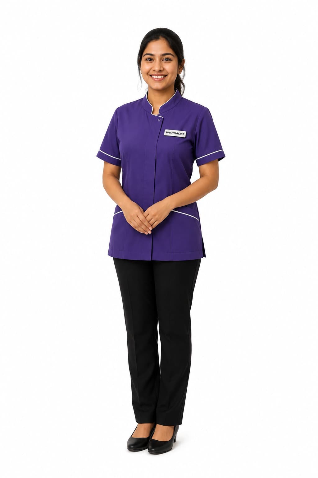 Pharmacist wearing purple pharmacy workwear